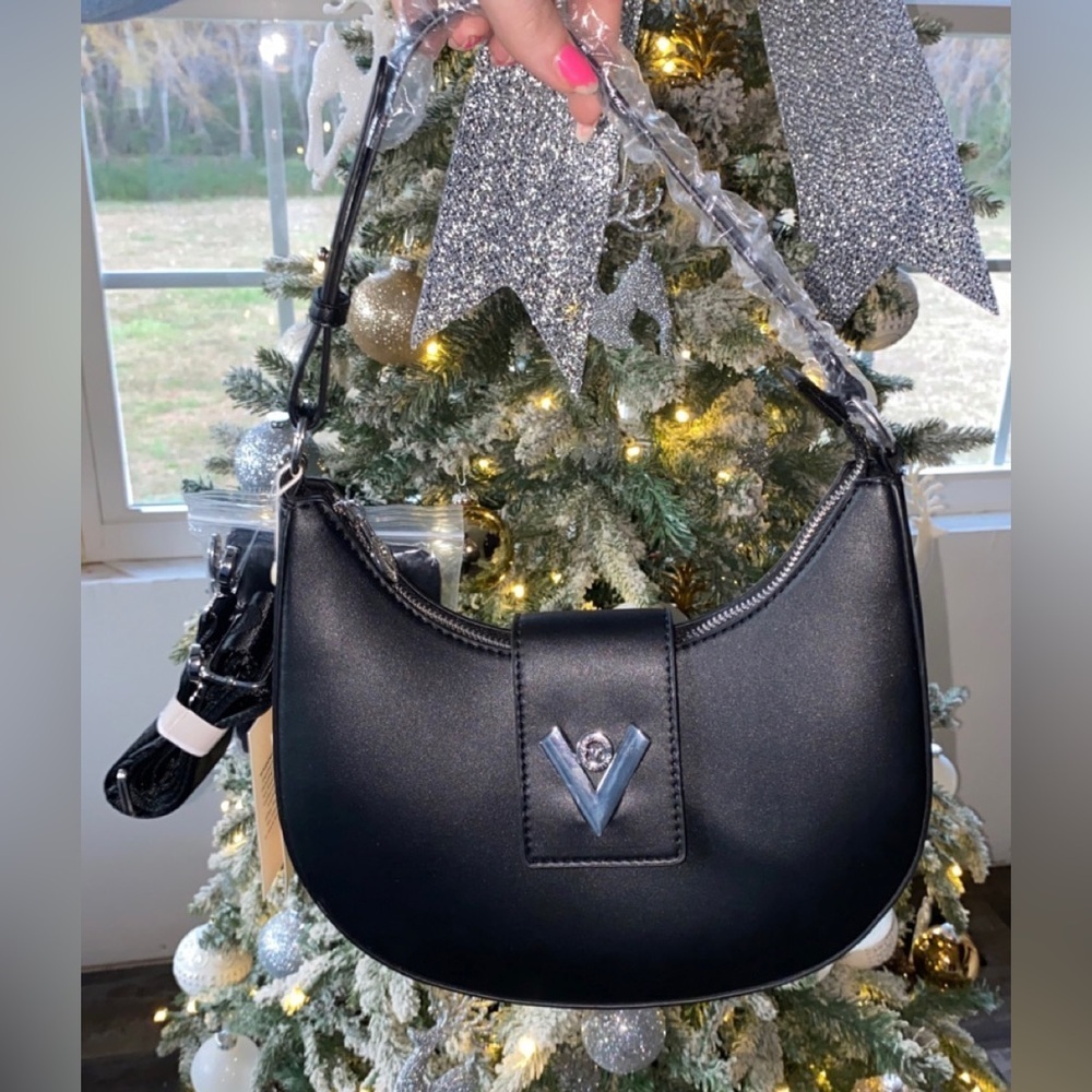 Valentino Orlandi Vegan Leather Black Crescent Shaped Shoulder Bag w/ Coin Pouch